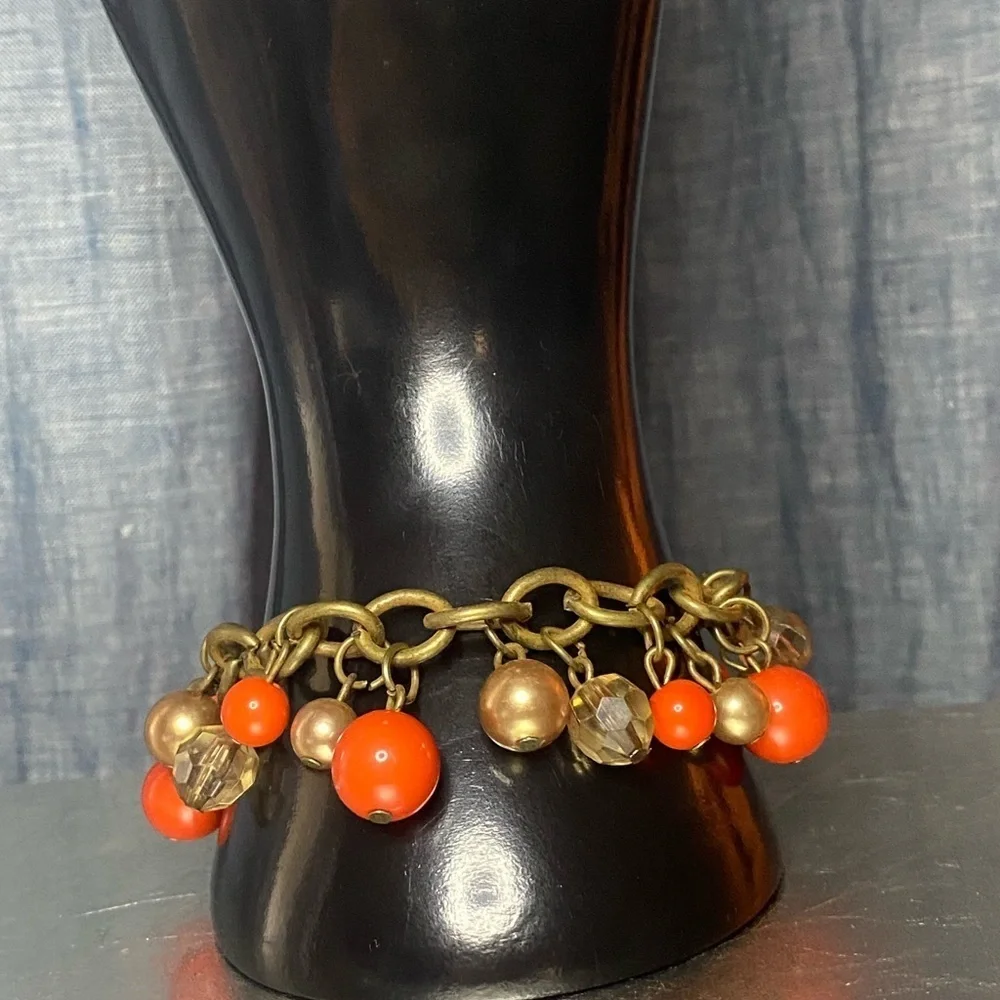 Vintage Chunky Charm Bracelet Orange Gold‎ Beaded Dangle Costume Jewelry